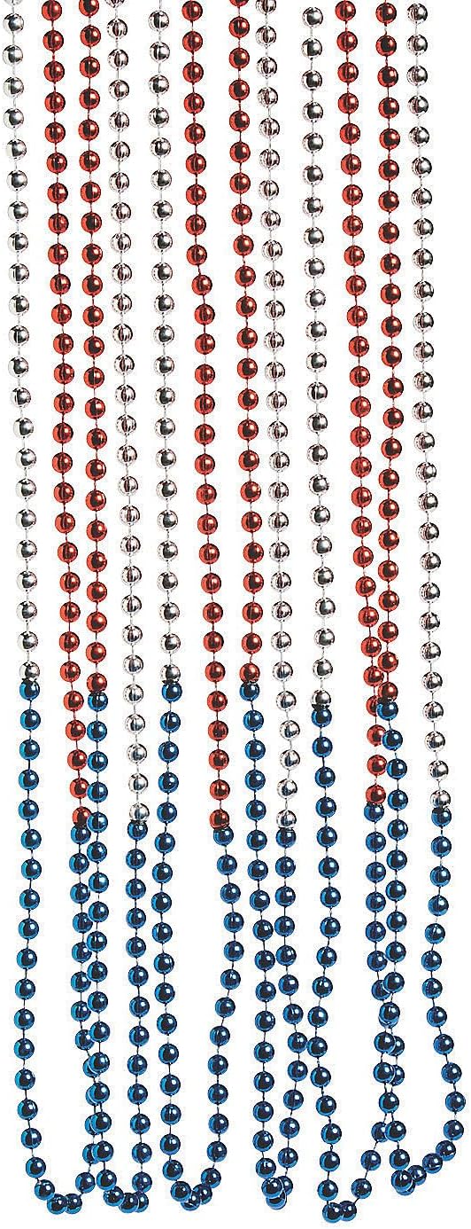 Fun Express - TrI-Color Patriotic Beaded Necklaces for Fourth of July - Jewelry - Mardi Gras Beads - Mot Round - Fourth of July - 48 Pieces
