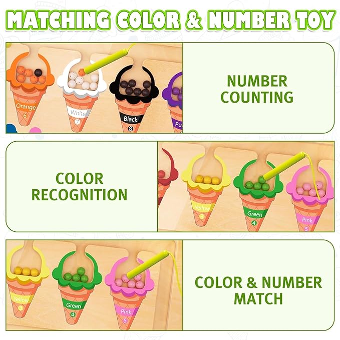 Ice Cream Magnetic Color and Number Maze, Montessori Color Sorting Puzzles Game for Kid, Counting Matching Board Toys, Learning Motor Skill Toy Gift for Boys Girls Toddlers Preschool 3 4 5 Years