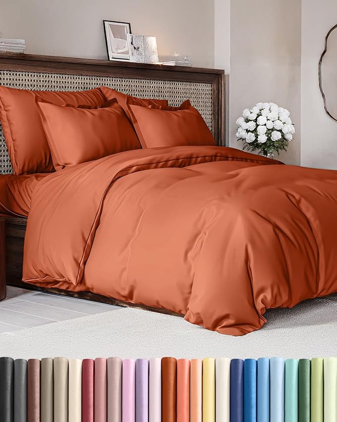Duvet Cover Cal King Size Set - Extra Soft Cal King Size Duvet Cover 104 x 98 with 2 Pillow Shams - Hotel Luxury Easy Care and Fade Free w/Zipper Closures & Ties - Breathable Bedding Set (Terracotta)