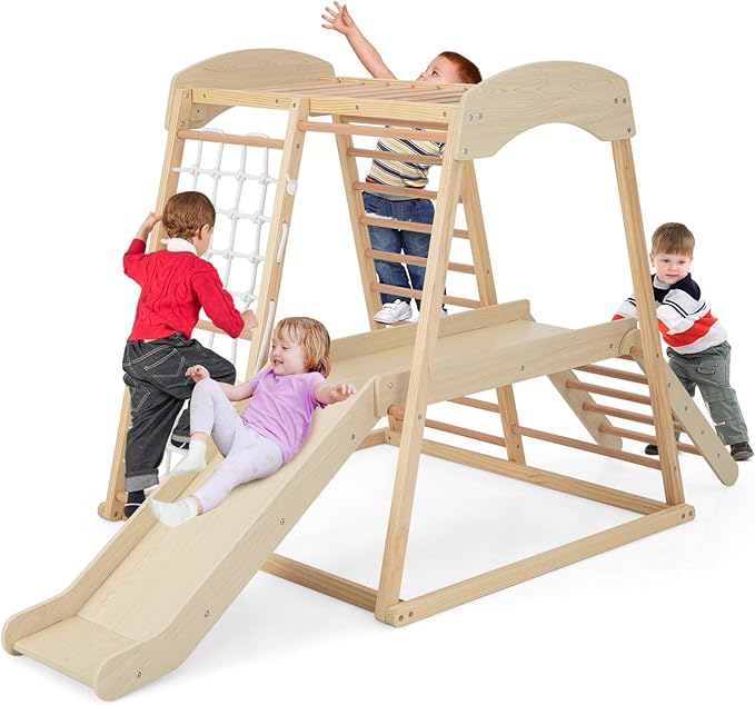 Costzon Indoor Jungle Gym, 6-in-1 Montessori Climbing Toys for Toddlers with Slide, Climbing Net, Monkey Bars, Wooden Playground Climber Playset for Kids Gifts Presents