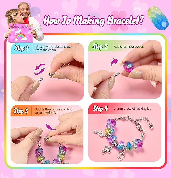 Girls Charm Bracelet Making Kit - 166 Pcs Unicorn Charms Bracelets Kits Kids Jewelry Supplies Make Set DIY Art Craft Set Creative Toys Birthday Gifts for Age 5 6 7 8 9 10 11 12 Year Old Girl Children