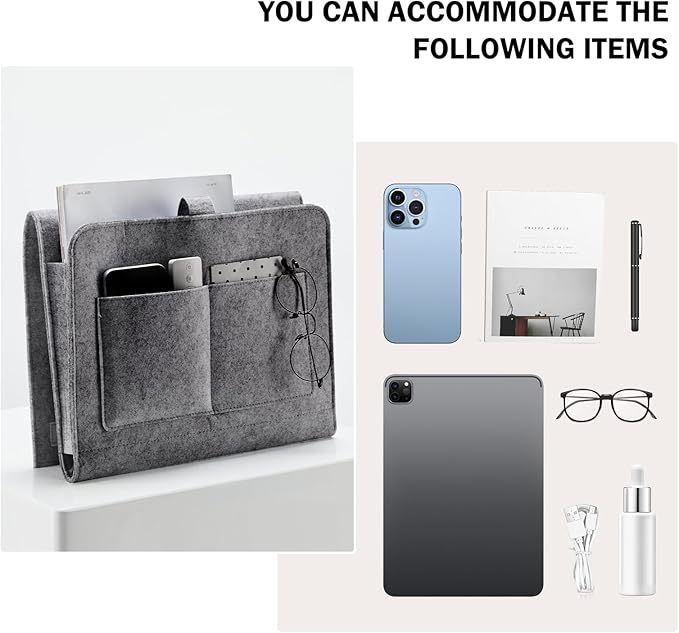 YOUDENOVA Bedside Caddy, Bedside Organizer for Dorm Room, Bunk Bed, Grey