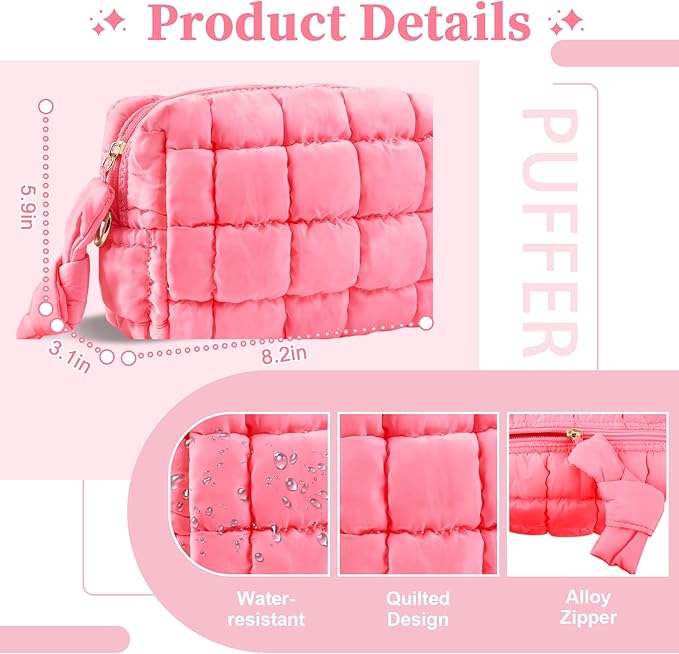 Puffer Quilted Makeup Bag Cosmetic Bags,Puffy Travel Toiletry Pouch for Women,Cute Checkered Zipper Bag Travel Essential,Portable Aesthetic Make up Organizer Bag for Gifts Work Daily(Pink,S)