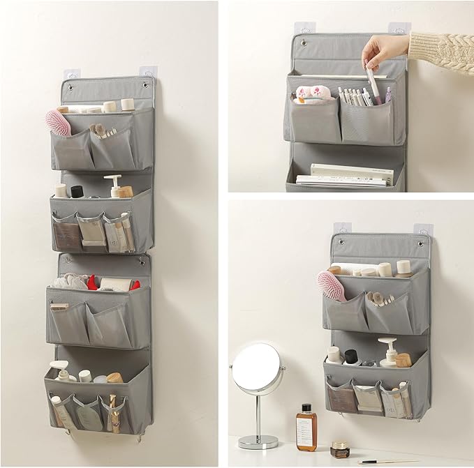 Wall Hanging Organizer – Over the Door Storage & Behind Door Organizer for Dormitory, Bathroom, Bedroom, Kitchen, Nursery, Space-Saving (Grey, 2 Pack)