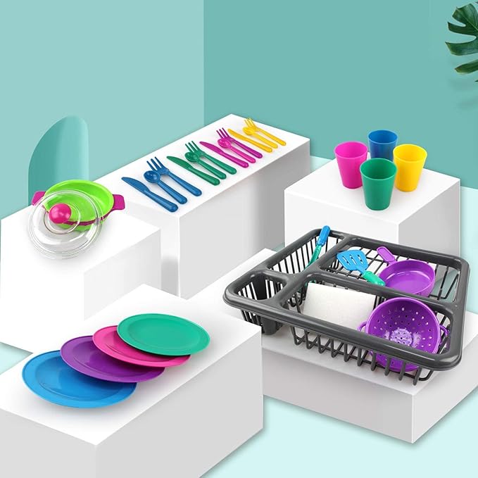 Kids Pretend Play Dishes Children's Kitchen Playset - Wash and Dry Tableware Dish Rack Toy with Drainer, Cups, Pots, Utensils (28 Pieces)