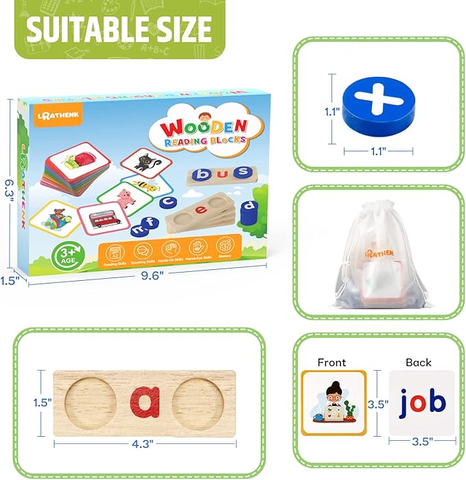 Wooden CVC Word Spelling Games, Educational Toys for 3-6 Years Old Kids，Kindergarten Learning Activities, See and Spell Learning Toys for Kids 3-5
