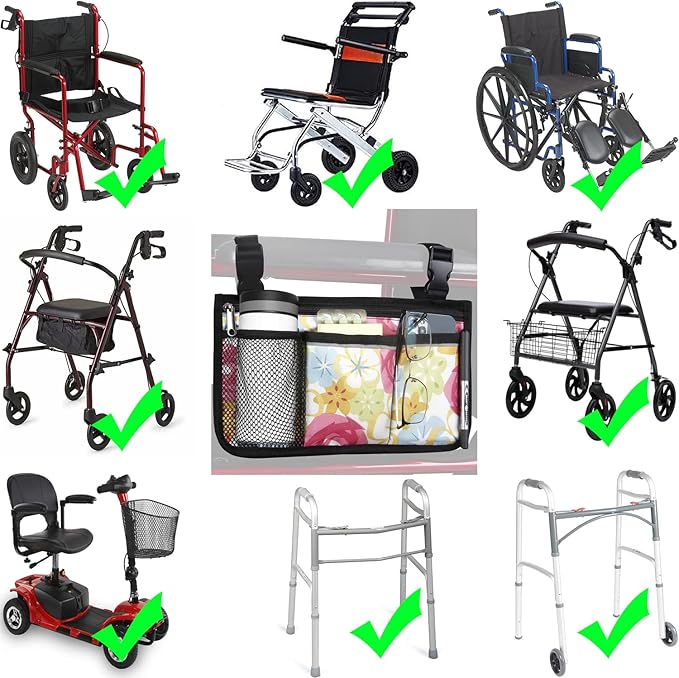 Wheelchair Side Bag, Upgrade Flower Color Wheelchair Armrest Storage Pouch with Cup Holder and Reflective Strip, Made with Waterproof Fabric, for Most Wheelchairs, Walkers and Rollators (Flower Color)