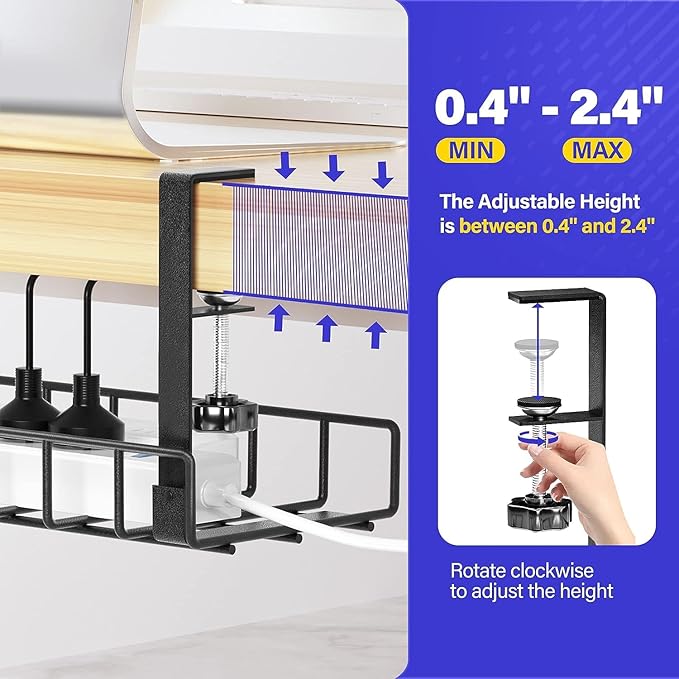Under Desk Cable Management Tray, Xpatee Upgraded Wire Management No Drill No Screws, Cable Tray with Clamp for Wire Organizers, Computer Cord Rack for Office, Home - No Damage to Desk Black