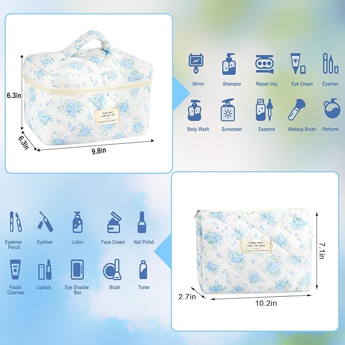 URSKYTOUS 3Pcs Cotton Quilted Makeup Bag for Women Girls Large Small Travel Floral Cosmetic Bags Set Cute Coquette Zipper Makeup Pouch for Purse Aesthetic Cloth Flower Storage Toiletry Bag Organizer