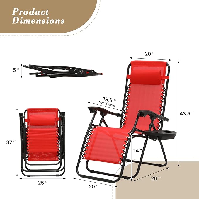 Athena Collection Zero Gravity Outdoor Lounge Chairs Set of 2, 25" Width Pool Lounge Lawn Chairs Reclining with Cup Holder, Outdoor Chaise for Beach Patio Backyard Outside, Red