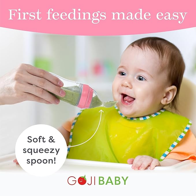 4 oz Silicone Baby Food Dispensing Spoon - 4 Pack - Great for 4+ Month Infants - Includes Stopper - Easy to Use and Mess-Free - Precise Food-Release Feeder - Great for Travel (Pink