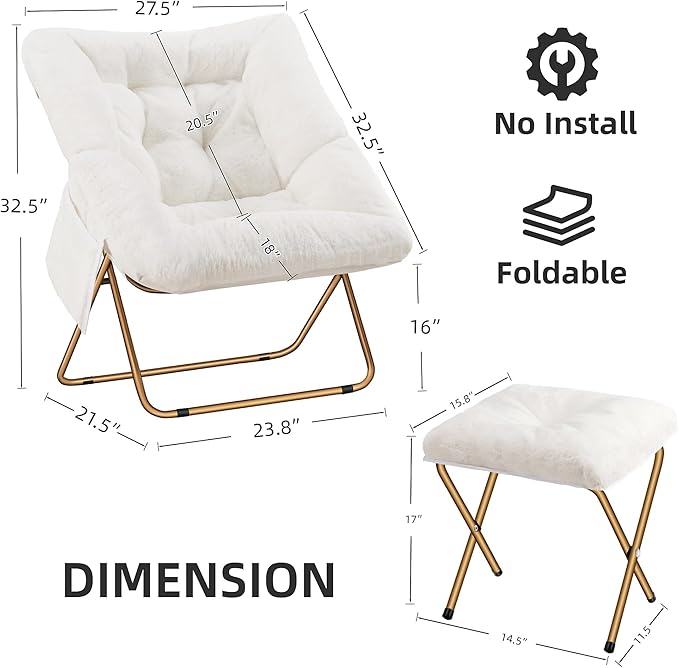 Comfy Saucer Chair, Foldable Living Room Chairs, Soft Faux Fur Lounge Chair for Bedroom, Reading Chairs for Adults, Kids, X-Large (White)