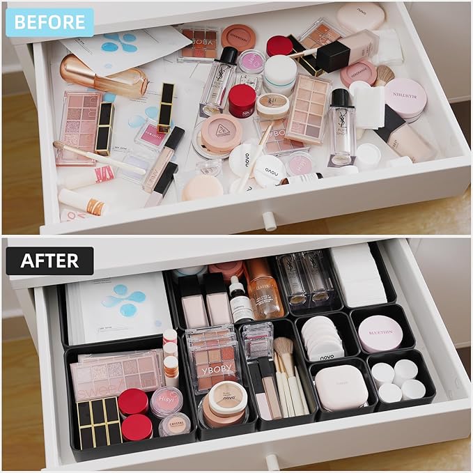 11-Piece Stackable Drawer Organizer Set, Multi-size Desk Drawer Organizer Trays Vanity Storage Bins for Storing Makeup, Stationery, Utensils in Bathroom Dresser, Office and Kitchen