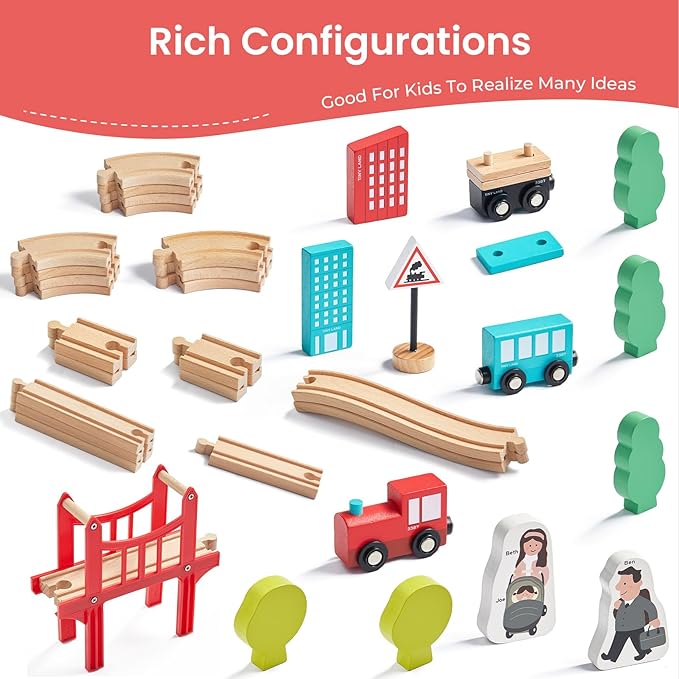 Tiny Land Wooden Train Set for Toddler - 39 Pcs- with Wooden Tracks fits Thomas, fits Brio, fits Chuggington, fits Melissa and Doug - Expandable, Changeable-Train Toy for 3 4 5 Years Old Girls & Boys