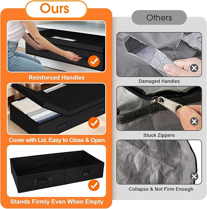 Under Bed Storage Containers with Lids - 2 Pack, Foldable and Stackable Clothes Storage Bags with Clear Window, 3-Sided Handles and Label Slot for Clothing, Blankets, Pillows (Black)