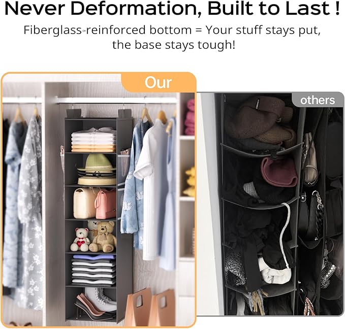 ALLTIDYUP Extra Deep Hanging Closet Organizer with 6 Shelves and Oversized Mesh Pockets, Heavy-Duty Structure, No Deformation, Max Storage for Clothes, Shoes, Hats, Dorms and RVs, Grey,1-Pack