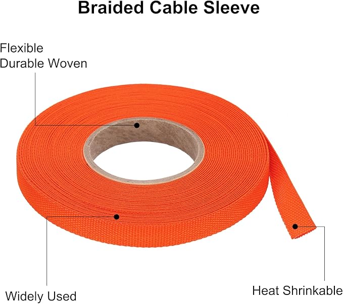 MECCANIXITY Braided Cable Sleeves Heat Shrinkable Fabric Sleeving, 5/16" 40ft Orange 2:1 Ratio Heat Shrinkable Cord Protector for Harness Cable, Network Cable Protection, Cable Management