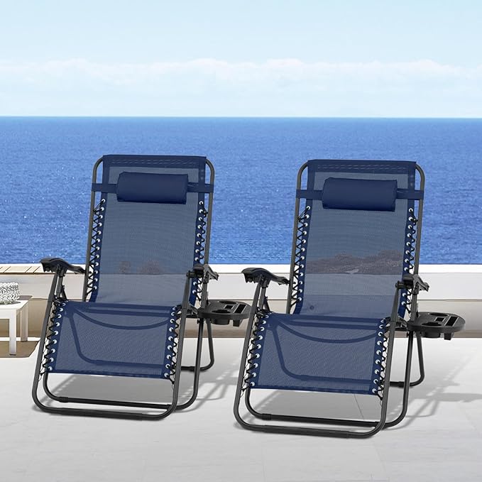 Athena Collection Zero Gravity Outdoor Lounge Chair Set of 2, 29" Width Pool Lounge Lawn Chairs Reclining with Cup Holder, Outdoor Chaise for Beach Patio Backyard Outside, Dark Blue