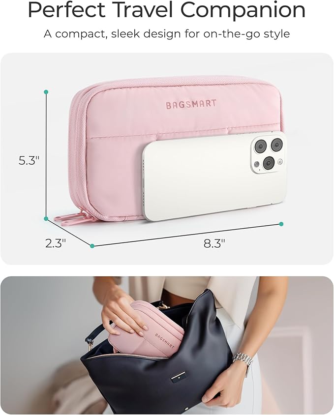 BAGSMART Electronics Organizer Travel Case, Cord Storage for Chargers Cables Phones, Compact Tech Accessories Pouch, Pink