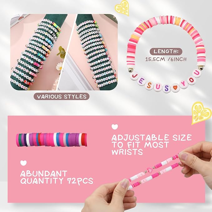 48 Pcs Bracelets Jesus You Bracelets Handmade Elastic Beaded Bracelets Colorful Layered Cross Bracelets Inspirational Religious Reminder Jewelry Gift for Her (Heart)