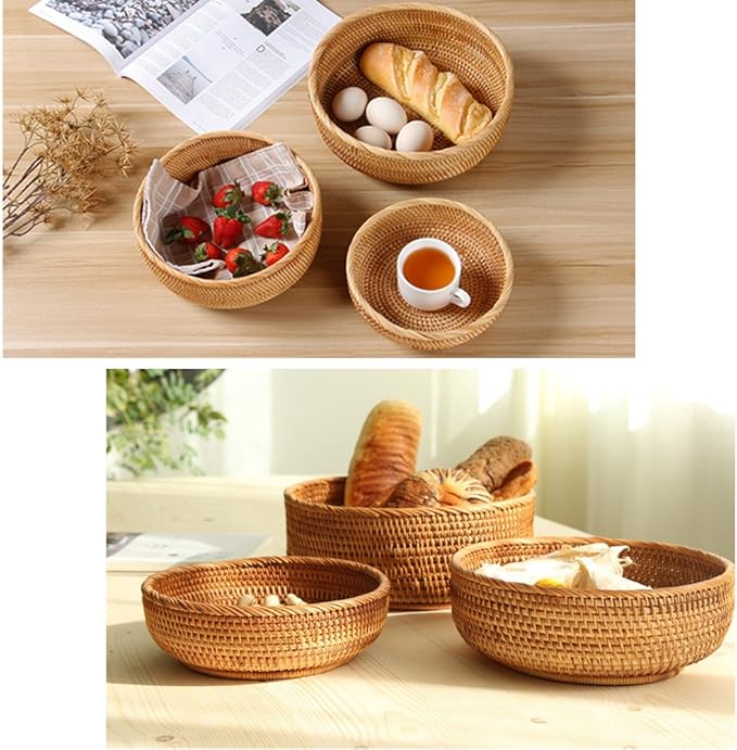 amololo 3 Pack Hadewoven Round Rattan Fruit Basket Wicker Food Tray Weaving Storage Holder Dinning Room Bowl, 10 Inch Small Wicker Basket Serving Tray Woven Basket for Bread,Snack,Brown(3-Size Kit)