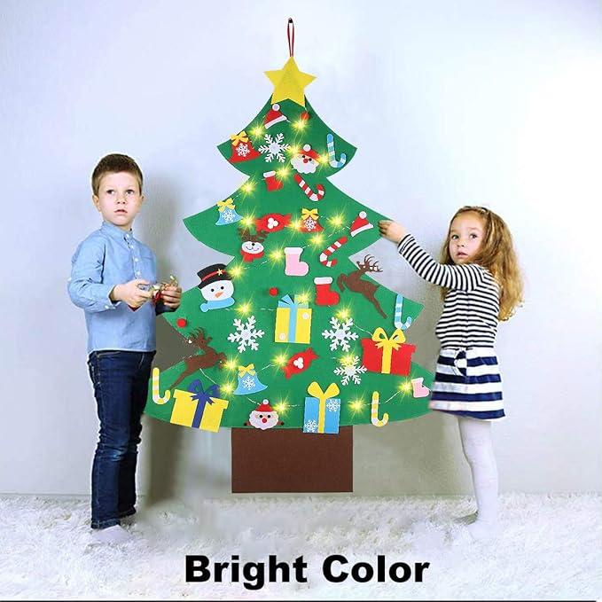GameXcel 4ft Felt Christmas Tree for Toddlers with LED Light & 36pcs Ornaments, Velcro Montessori DIY Xmas Decorations - 4 Feet