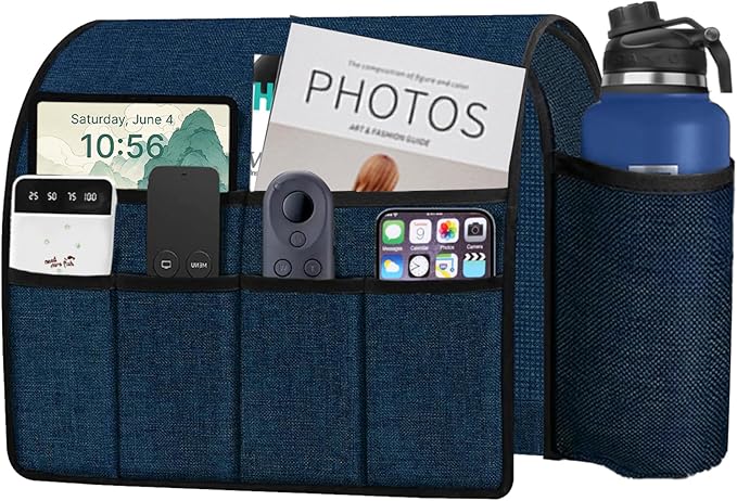 Ntomtuex Sofa Armchair Caddy Remote Control Holder with Water Bottle for Couch Recliner, Armrest Organizer with 7-Pocket Design for Magazines, Eyeglasses, iPad, Phone, Dark Blue