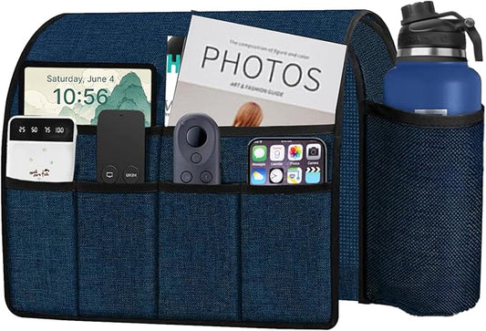 Ntomtuex Sofa Armchair Caddy Remote Control Holder with Water Bottle for Couch Recliner, Armrest Organizer with 7-Pocket Design for Magazines, Eyeglasses, iPad, Phone, Dark Blue