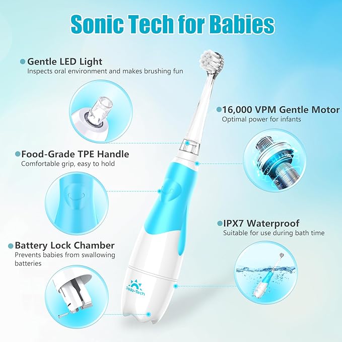 DADA-TECH Toddler Electric Toothbrush Kids Age 1-2-3 Years Old, Baby Electric Toothbrush with LED Light 2 Minutes Timer 4 Vibrating Heads for Infants Toothbrush 6 to 12 Months and Up (Blue)