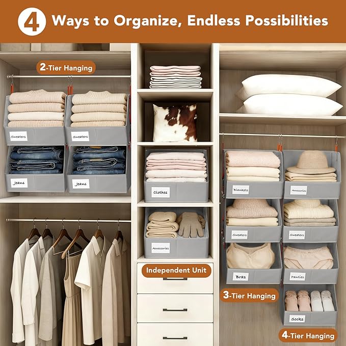4 Pcs Modular Closet Organizer - Detachable & Foldable Hanging Storage Cubes, 88L Total Capacity, Heavy Duty Fabric Shelves for Wardrobe, Closet Organization, RV, Dorm, Grey
