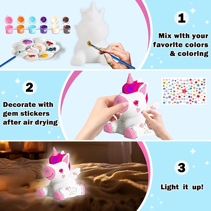 FUNZBO Paint Your Own Unicorn Lamp - Arts and Crafts for Kids Ages 8-12, Art & Craft Supplies Painting Kits for Kid 4-8, Unicorn Toys Gift for Toddler Teen Girl Age 3 5 6 7 9 10 11 12 Christmas Craft