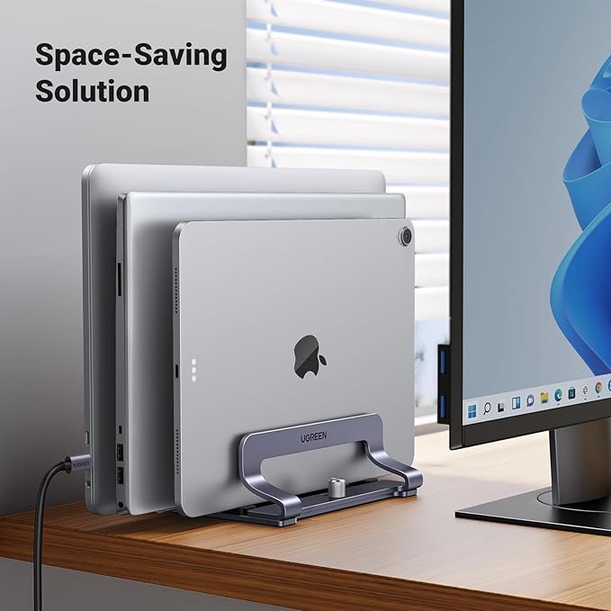 UGREEN 3-Slot Vertical Laptop Stand Holder Desk Compatible with MacBook Pro Air Laptop Stand Desktop Adjustable, Lenovo Ideapad, Surface Book, HP Notebook, Dell Chromebook Up to 17.3 Inch, Space Gray
