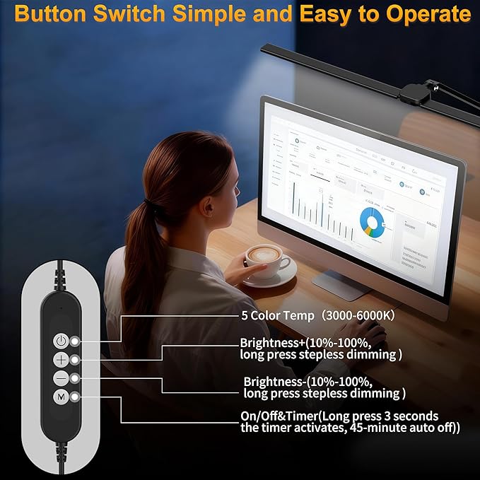 LED Desk Lamp for Office Home, 31.5" Architect Desk Light with Clamp Dual Screen Computer Monitor, 15W 5 Color X 10 Brightness Levels Desk Lamp for Reading, Study, 1000LM Bright, Memory Function