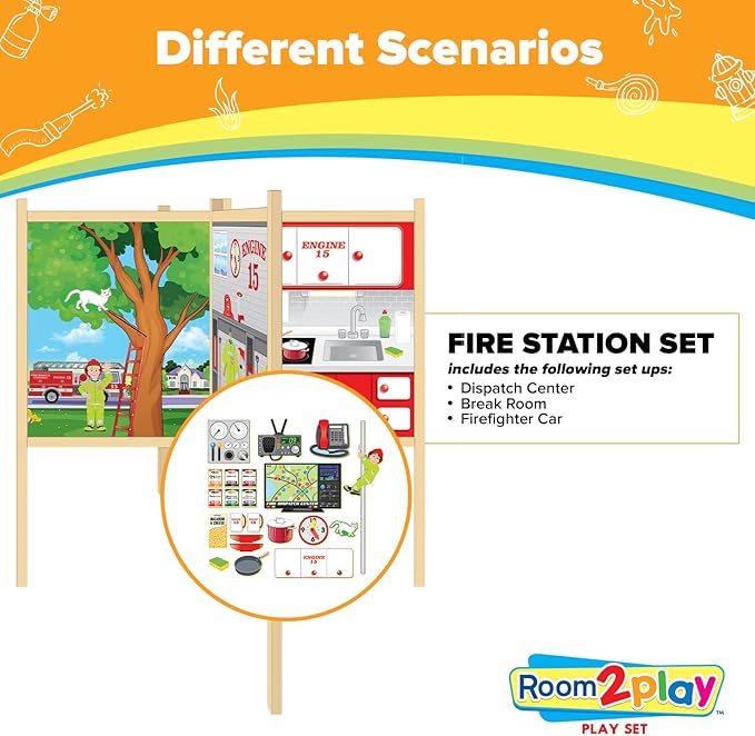 Fire Station - Large Kids Pretend Play Set for Toddlers Ages 3+ Years –Wooden Toy Playset Folds Away for Easy Storage with 20 Fun & Interactive Pieces