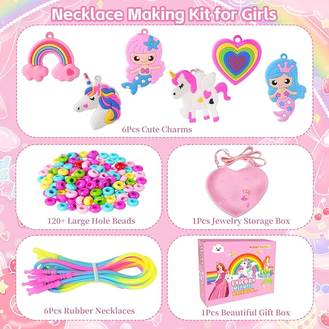 Jewelry Making Kit for Girls Unicorn Mermaid Charm Necklace Making Supplies Beads Set Birthday DIY Arts and Crafts for Girls