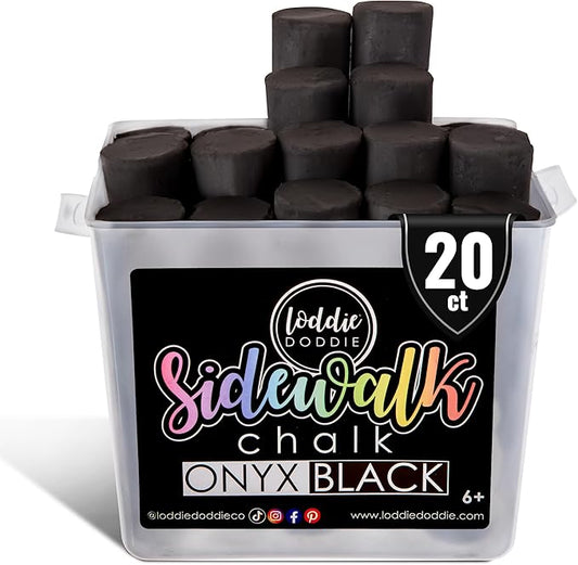 Loddie Doddie Reusable Bucket of Black Sidewalk Chalk - 20 Count Non-Toxic Jumbo Chalk Sticks for Kids, Fun & Easy Cleanup