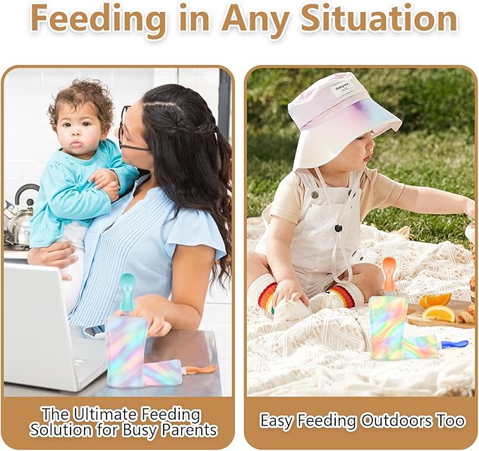 Silicone Spoon Attachment for Baby Food Pouch with On-the-Go Cases - Includes 2 Squeeze Pouch Topper Attachments (White-orange)