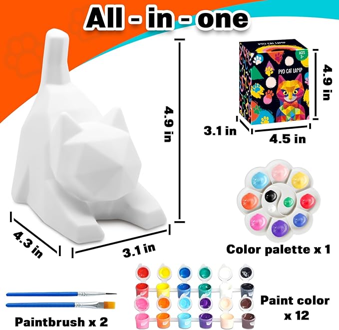 FUNZBO 4.3in Paint Your Own Cat Lamp Kit - Arts and Crafts Supplies Kitten Painting Kits for Kids Teens, DIY Night Light Toy for Toddler Girl Boy Ages 3 4 5 6 7 8 9 10 11 12 13+ Birthday Easter Gift