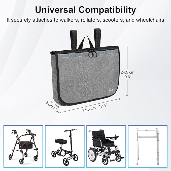 supregear Wheelchair Carry Bag - Accessories Pouch for Rollator, Walkers, Power Wheel Chairs and Knee Scooters - Side Armrest Storage Organizer for Elderly Seniors - Lightweight Portable Travel Tote