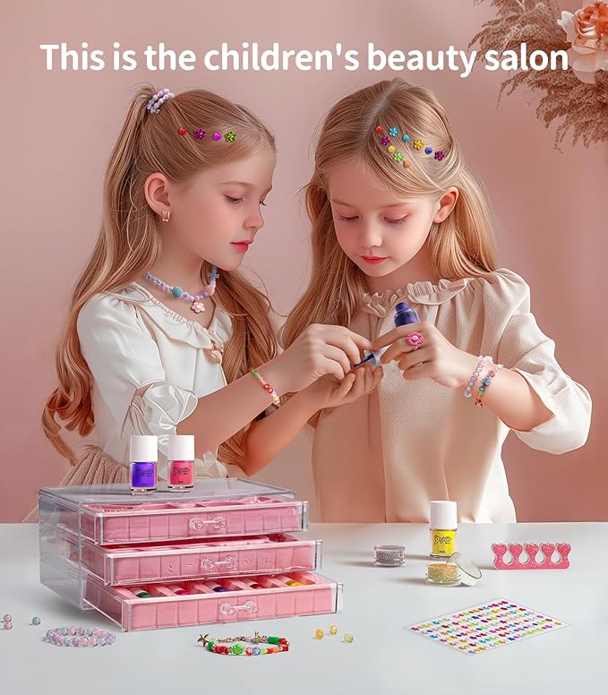 Geyiie DIY Nail Polish Toys Toys, Nail Art Kits for Girls, Bead Bracelet Making Kit with Beads in Acrylic organizers box, Make up toys for kids Craft Kit for Dress Up, Arts Kit Toys