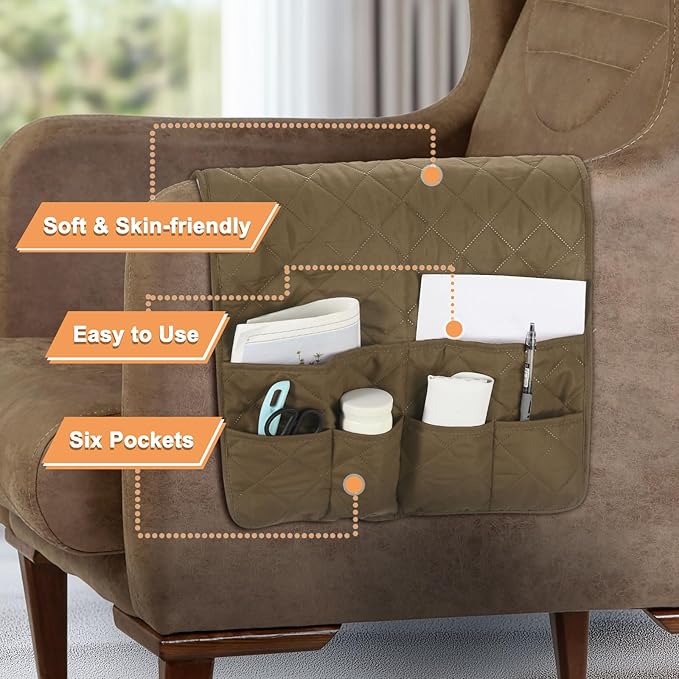 uxcell Couch Sofa Armrest Organizer Non-Slip Chair Arm Recliner Remote Control Organizer with 6 Pockets for Books, Magazines, Tablet, Phone, Camel