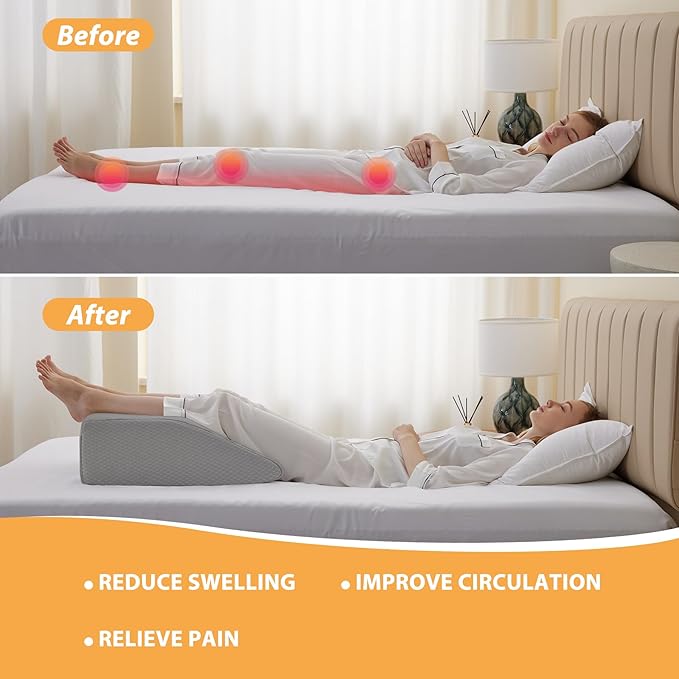 Bedluxe Leg Elevation Pillows, Leg Pillows for Sleeping, Cooling Gel Memory Foam Top, Wedge Pillow for Legs, Leg Wedges for Circulation, Swelling, After Surgery - Removable Cover (8 Inch, Grey)