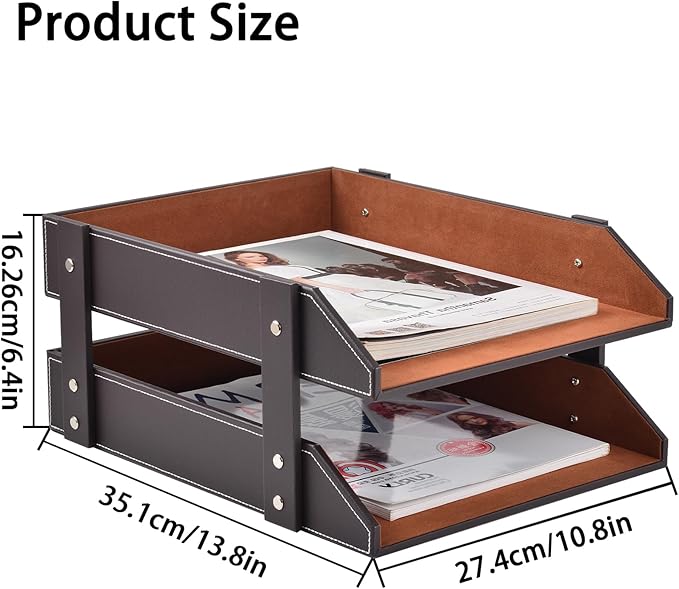 XNONE Leather Desk Organizer,2-Tier Stackable Letter Tray Holder,Office Supplies Desktop Storage Box for Document,Stationery,Magazines,Newspapers,Letters and Other Home Office Paper Sundries,Coffee