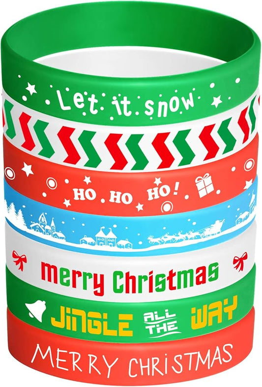 FEPITO 35 Pieces Christmas Wristband Silicone Wristbands Rubber Band for Christmas Party Decoration 7 Merry Xmas Patterns