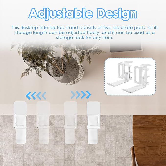 Desk Side Laptop Stand, Vertical Desk Side Laptop Holder with Headphone Stand, Adjustable Length Mount Storage Rack, No Drill Clamp Organizer for Laptops, Tablets, Keyboards (White)