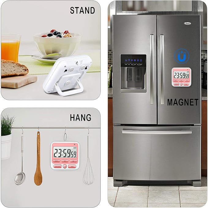 KTKUDY Digital Kitchen Timer with Mute/Loud Alarm Switch ON/Off Switch, 24 Hour Clock & Alarm, Memory Function Count Up & Count Down for Kids Teachers Cooking, Large LCD Display, Strong Magnet (Pink)