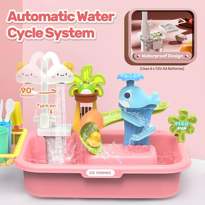 HOLYFUN Play Sink with Running Water, Kitchen Sink Toy with Upgraded Electric Faucet, Water Slide Track, Fishing Game Pool, and Floating Toys for Pretend Play,Dishwasher Toy for Kids and Toddlers