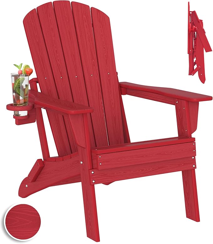 Plawdlik Folding Adirondack Chair, SGS Tested, Wooden Textured with Cup Holder, Heavy All-Weather HDPE Outdoor Chairs for Patio Backyard Lawn,Red