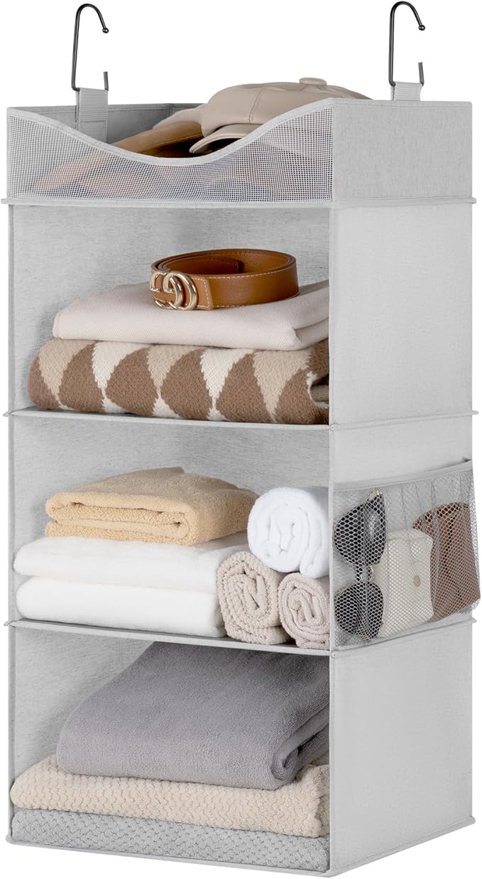 StorageWorks Hanging Closet Organizer, 3-Shelf Hanging Closet Shelves with Top Shelf, 15 ¾"W x 12" D x 31" H, Extra-Large Space, Light Grey