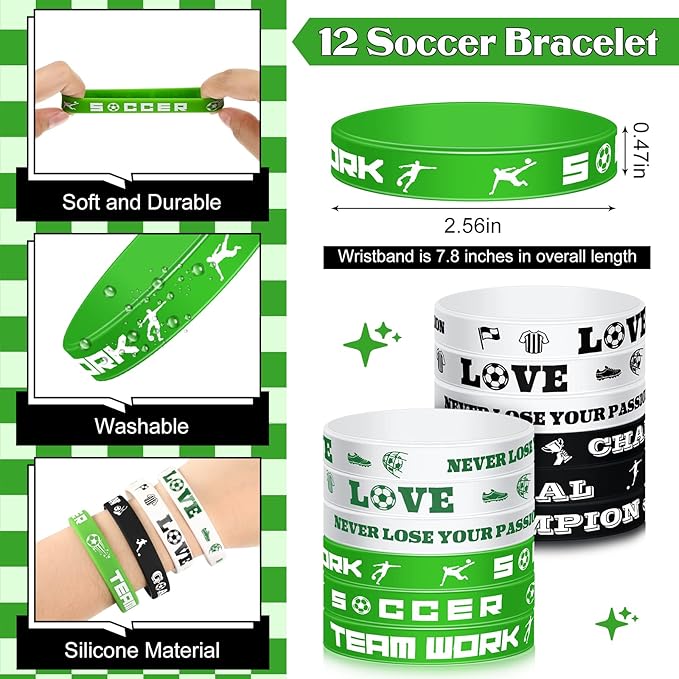 48 Pcs Soccer Party Favors Supplies, 12 Soccer Silicone Bracelet 12 Soccer Drawstring Treat Bag 12 Mini Soccer Stress Ball and 12 Soccer Keychains for Birthday Soccer Party Decorations Gift Kids